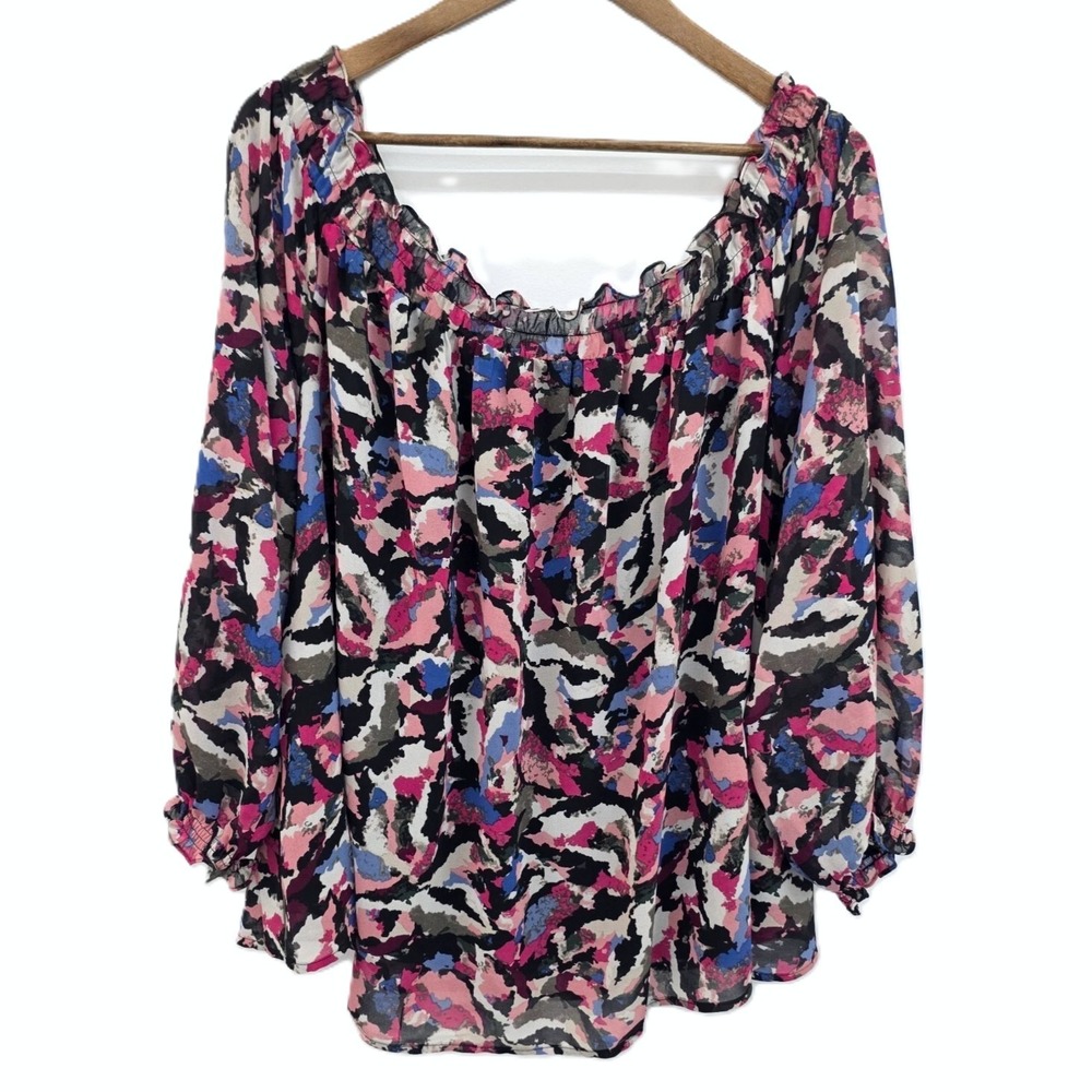 Lane Bryant Womens 22/24 Multicolor Abstract Boho Peasant Blouse Long Sleeve Top